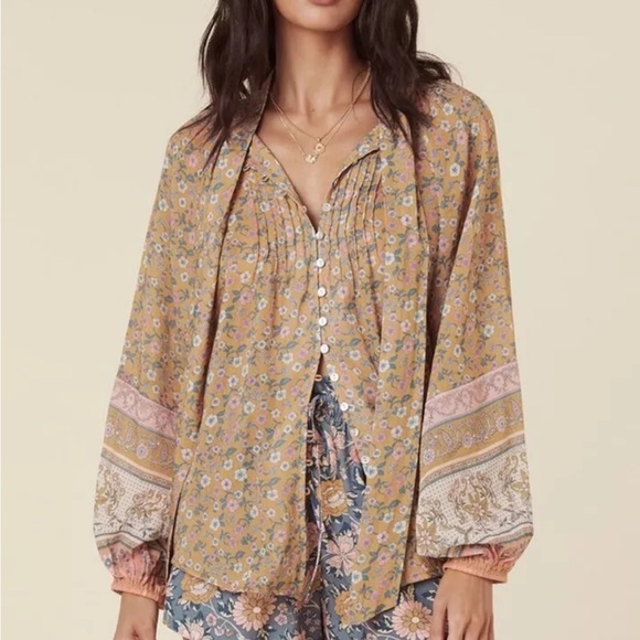 New Spell x Free People Mossy XL Brown Pink Buttonfront Tie-Neck Boho Blouse - Picture 6 of 15